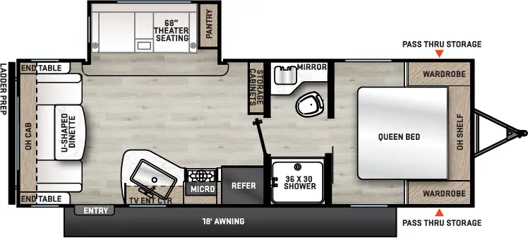 The Aurora 23MKS floorplan has one entry and one slide out. Exterior features include: metal exterior and 18' awning. Interiors features include: u-dinette, front bedroom and pass through bathroom.